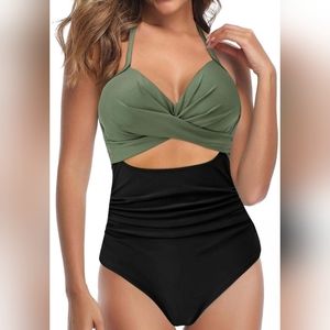 Eomenie XL Cutout Wrap Around High Waist And Leg Green Black Monokini New